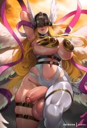 absurd_res absurdres ai_generated althaean angel angel_wings angewomon arm_behind_head armpits asymmetrical_clothes bare_shoulders belt blonde_hair breasts covered_eyes digimon digimon_(creature) digimon_(species) erection feathered_wings futanari gloves half-erect head_wings helmet huge_breasts huge_penis large_breasts large_penis lips long_hair multiple_wings navel navel_cutout navel_piercing o-ring o-ring_belt parted_lips penis precum revealing_clothes ribbon skindentation solo sweat testicles thick_thighs thigh_strap thighs uncensored veins veiny_penis winged_helmet wings