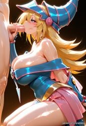 1boy 1girls ai_generated big_breasts blonde_hair blowjob blush curvy dark_magician_girl fellatio green_eyes kneeling light-skinned_female long_hair oral penis sweat tagme thick_thighs voluptuous yorai yu-gi-oh!