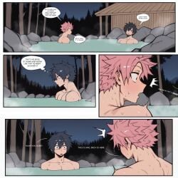 2boys 3girls black_hair blonde_hair breasts comic erza_scarlet fairy_tail gray_fullbuster hot_spring lucy_heartfilia natsu_dragneel night older_female petite_body pink_hair pubic_hair purple_hair red_hair small_breasts text wendy_marvell work_in_progress younger_female