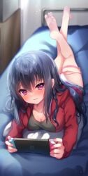 1girl absurdres amatsuji aniki_(yukata_to_rape_to_aniki_to_ore_to.) aroused ass backlighting bare_legs barefoot black_hair black_shirt bloom blurry blurry_background blush braid breasts cleavage closed_mouth collarbone commentary depth_of_field drooling eyelashes eyes_visible_through_hair feet female_masturbation furrowed_brow hair_between_eyes hair_spread_out handheld_game_console heart heart-shaped_pupils heavy_breathing highres holding holding_handheld_game_console hood hood_down hooded_jacket indoors jacket knees_together_feet_apart large_breasts legs light_particles long_hair long_sleeves looking_at_viewer lying masturbation mouth_drool nintendo_switch no_pants on_bed on_stomach open_clothes open_jacket open_mouth panties pillow playing_games playing_video_games purple_eyes red_jacket sex_toy shirt sidelocks single_braid soles solo straight_hair symbol-shaped_pupils textless_version the_pose thigh_strap toenails toes twitching underwear variant_set vibrator vibrator_cord vibrator_under_clothes vibrator_under_panties white_panties yukata_to_rape_to_aniki_to_ore_to.