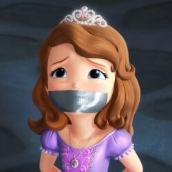 absurd_resolution ai ai_generated blue_eyes brown_hair hands_behind_back princess_dress princess_sofia sad_eyes sofia_balthazar sofia_the_first tape_gag tape_gagged tiara