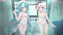 2girls ahoge artist_request bare_legs bare_shoulders bare_thighs belly_button blue_hair blush cap drill_hair duo duo_female duo_focus hat heart_ahoge hi_res highres legs light_purple_hair long_hair looking_at_viewer maria_marionette navel nijisanji nijisanji_en purple_eyes purple_hair side_ponytail small_breasts striped_bra striped_panties striped_underwear stripes thighs tummy twisty_amanozako two-tone_hair underwear underwear_only violet_hair virtual_youtuber white_hair x_hair_ornament yellow_eyes