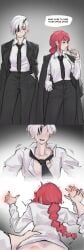 1futa 1girls 2girls bite bite_mark chainsaw_man clothed_sex comic doggy_style doggystyle dominant dominant_futa fucked_from_behind futanari implied_futa implied_penetration implied_sex makima_(chainsaw_man) quanxi_(chainsaw_man) suit suit_and_tie tie