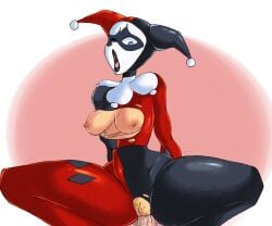 2024 2d batman_(series) black_lipstick blonde_pubic_hair blue_eyes breasts breasts_out color dc dc_comics domino_mask facepaint female female_focus harley_quinn harley_quinn_(classic) headgear jester_hat nipples one_eye_closed open_mouth partially_clothed penetration penis princesskari pubic_hair pussy pussy_juice pussy_juice_drip ripped_clothing sex spread_legs thick_thighs torn_clothes vaginal_penetration