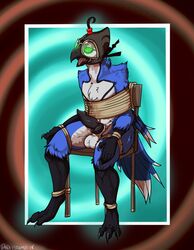 anthro avian beak bird blue_jay bondage bound corvid danji-isthmus erection feathered_wings feathers hypnosis male male_only mind_control nate_that_army_burd nude open_mouth penis simple_background solo spiral_eyes tail_feathers talons tongue tongue_out winged_arms wings