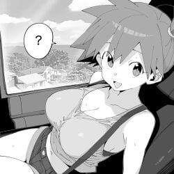 1girl :d ? alternate_breast_size_(larger) car_interior commentary_request day greyscale henyaan_(oreizm) highres kasumi_(pokemon) looking_at_viewer midriff misty_(pokemon) monochrome navel nintendo open_mouth pokemon pokemon_(anime) pokemon_(classic_anime) short_hair short_shorts shorts sitting sky smile solo spoken_question_mark suspenders sweat thighs