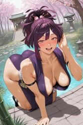 1girl ai_generated ass blush breasts cherry_blossoms cleavage collarbone day grass hi_res high_quality high_resolution jigokuraku large_breasts looking_at_viewer open_mouth outdoors patreon purple_eyes purple_hair savvyraexo seductive sexy smile solo tree uncensored watermark yuzuriha_(jigokuraku)