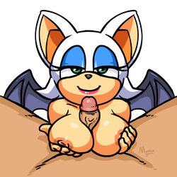 anthro bat breasts duo female first_person_view human human_on_anthro lipstick looking_at_viewer makeup male male_human/female_anthro male_on_anthro mammal mumblegroan nude outercourse paizuri partial_male penis rouge_the_bat sex simple_background sonic_(series) white_background wings