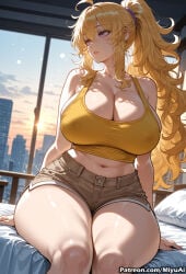1girl ahoge ai_assisted ai_generated artist_name bangs bare_shoulders blonde_hair blush breasts cleavage collarbone covered_nipples curvaceous curvy curvy_female curvy_figure female hair_between_eyes huge_breasts indoors large_breasts long_hair looking_at_viewer messy_hair midriff miyuai navel purple_eyes rwby shiny shiny_skin short_shorts shorts sitting solo thick thick_ass thick_butt thick_hips thick_legs thick_thighs thighs voluptuous voluptuous_female watermark wavy_hair wide_hips wide_thighs window yang_xiao_long