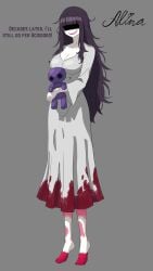 1girl 1girls aged_up artist_name artist_request artist_signature big_breasts blood blood_on_feet blood_stain breasts doll dress female female_focus female_only hair holding_doll holding_object holding_plushie limbus_company long_hair messy_hair plushie project_moon purple_hair solo solo_female solo_focus tagme text voluptuous voluptuous_female white_body will_you_play? will_you_play?_(limbus_company)