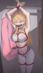 1girl absurdres armpits arms_up bdsm blonde_hair blue_eyes bondage borrowed_character bound bound_arms bound_legs bra breasts collar commentary crotch_rope egg_vibrator english_commentary gag gagged highres improvised_gag large_breasts long_hair looking_at_viewer miss_manager_(harris_hero) navel original pantyhose sex_toy shibari shibari_over_clothes solo standing stomach tape tape_gag tetsuffy_(tetsulul) underwear vibrator wardrobe white_bra white_pantyhose