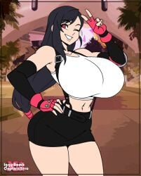 big_boobs big_breasts boobs boobs_bigger_than_head breasts breasts_bigger_than_head busty cute_expression final_fantasy_vii gargantuan_boobs gargantuan_breasts gigantic_boobs gigantic_breasts hand_on_hip iggy-bomb massive_boobs massive_breasts peace_sign smile tifa_lockhart winking_at_viewer