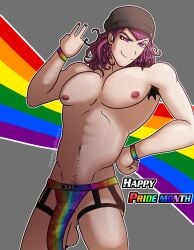 1boy armpit_hair artist_name artist_signature artist_upload balls ballsack beanie beanie_hat belly_button belly_button_piercing black_beanie black_nail_polish black_nails bracelet bracelets bulge bulge_through_clothing camo_print camouflage danganronpa danganronpa_2:_goodbye_despair danganronpa_3 dick_out_of_underwear dick_outline dick_print dick_slip gay hand_on_back jockstrap kazuichi_souda male male_only nipple_piercing nipples peace_sign pecs pectorals penis penis_slip pink_eyebrows pink_eyes pink_hair pride_color_accessory pride_color_background pride_color_clothing pride_color_flag pride_color_underwear pride_colors pride_month pubes pubes_exposed pubic_hair rainbow rainbow_jockstrap rainbow_pride_colors rainbow_underwear semi_nude souda_kazuichi trimmed_pubic_hair watermark