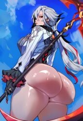 1girls arlecchino_(genshin_impact) ass big_ass black_gloves breasts genshin_impact gloves huge_ass jewelry large_breasts long_hair looking_at_viewer looking_back red_eyes solo thick_thighs thighs vikabunn