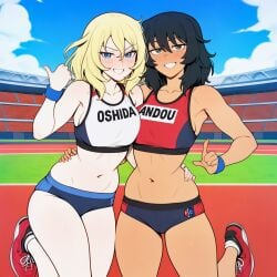 2girls ai ai_assisted ai_generated andou_(girls_und_panzer) black_hair blonde_hair dark-skinned_female girls_und_panzer gym_clothes gym_clothing gym_uniform oshida_(girls_und_panzer) petite_body petite_female prussia123 running_shoes running_track sexy_body sexy_clothing sexy_female skimpy_clothes smiling smiling_at_viewer