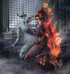 anthro antlers beast_(bloodborne) bloodborne canine claws cleric_beast detailed detailed_background duo erection female fire fromsoftware fur highres horn laurence_the_first_vicar male male_penetrating mammal monster penetration penis pussy sex sony_corporation sony_interactive_entertainment straight teeth tinyfaceart vaginal_penetration vicar_amelia video_games white_fur