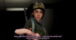 1girls 3d 3d_(artwork) 3d_render 4k 4k_resolution baseball_cap brown_eyes brown_hair clementine_(the_walking_dead) clothed clothing dildo disgusted english english_commentary english_text female female_focus female_only grossed_out hat headgear hi_res high_resolution highres holding_dildo holding_object jacket light-skinned_female light_skin magichat medium_hair sex_toy text the_walking_dead the_walking_dead_game