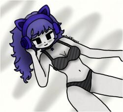 bikini black_bikini geometry_dash headphones lying_on_back one_hand_behind_head purple_hair smiling white_background white_skin