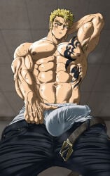 1boy abs armpit_hair armpits arms_up balls balls_under_clothes bara beefy biceps big_areola big_balls big_bulge big_glans big_penis blonde_hair bulge bulge_through_clothing ceiling curved_penis curved_to_the_right_penis eight_pack erection erection_under_clothes eyebrow_scar fairy_tail frown gay genital_outline glans hands_behind_head happy_trail hi_res huge_cock hunk indoors laxus_dreyar light_skin lightning_bolt_symbol long_penis looking_at_viewer low-angle_view male male_breasts male_only manly mature_male moobs muscles muscular muscular_arms muscular_male navel pants_down peanuts4343 pecs penis pubic_hair scar scar_across_eye scar_on_face short_hair sideburns six_pack solo standing tattoo tattoo_on_chest tattoo_on_stomach thick_eyebrows thick_penis topless tough_guy triceps unbuckled_belt veiny_arms veiny_hands yaoi