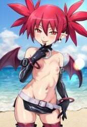 1girl ai_generated arm_gloves beach belt blurry_background bokeh bracelet clothes_pull depth_of_field disgaea etna groin looking_at_viewer naidoru navel outdoors red_hair shore slender_body slender_waist smile solo thighhighs thighs tongue_out topless twintails undressing wings