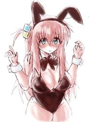 black_leotard blush bocchi_the_rock! bunny_ears bunny_girl bunnysuit cleavage closed_mouth embarrassed gotou_hitori hands_up huge_breasts nervous shy sweatdrop thick_thighs wide_hips