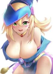 bending_forward bending_over big_breasts blonde_female blonde_hair blue_clothing blush breasts dark_magician_girl green_eyes hips huge_breasts large_breasts necklace reddit short_hair smile smiling smiling_at_viewer staff thick_thighs wide_hips witch_hat yu-gi-oh!