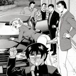 1girls 5boys ai_assisted bent_over black_and_white car_hood fully_clothed glasses history's_strongest_disciple_kenichi long_hair miu_furinji moaning_in_pleasure outdoor_sex outdoors outside_sex public_sex sex sex_from_behind walking_away