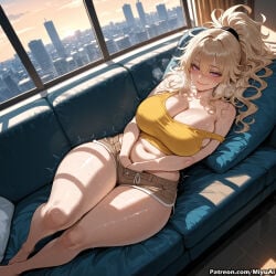 1girl ai_assisted ai_generated bangs bare_shoulders barefoot blonde_hair blush breasts breath city city_lights cityscape cleavage clothed_masturbation couch curvaceous curvy curvy_female curvy_figure female hair_between_eyes hand_in_panties hand_in_shorts huge_breasts implied_masturbation large_breasts long_hair looking_at_viewer masturbation messy_hair midriff miyuai navel pillow purple_eyes rwby short_shorts shorts smile solo sweat tan thick thick_ass thick_butt thick_hips thick_legs thick_thighs thighs v_arms voluptuous voluptuous_female wide_hips wide_thighs yang_xiao_long
