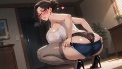1girls ai_generated armpits big_ass big_breasts big_butt big_tits black_high_heels black_panties blue_shorts blush blushing brown_hair earrings female female_only glasses glossy_body glossy_skin hair_bun heart high_heels huge_ass huge_breasts indoors langerie looking_at_viewer looking_back_at_viewer moody_lighting panties see-through see-through_clothes see-through_clothing shiny_skin short_hair short_shorts shorts shy sideboob skindentation steaming_breath steamy_breath swatting thick thick_ass thick_thighs thighhighs underwear viewed_from_below white_skin white_top