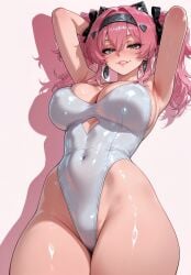 1girl 2026 ai_generated anime armpits arms_behind_head arms_up bangs blush boobs breasts cleavage covered_navel cowboy_shot crossover earrings eye_contact female female_focus flushed green_eyes grin hair_accessory hair_between_eyes hairband highleg highleg_swimsuit highres huge_breasts jewelry large_breasts long_hair looking_at_viewer lupa_(wuthering_waves) nsfw one-piece_swimsuit patreon pigtails pink_hair rognezart shiny shiny_clothes shiny_skin simple_background smile smiling solo swimsuit thick_thighs thighs twintails very_long_hair wet white_one-piece_swimsuit wuthering_waves