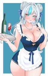1girls blue_eyes blue_hair_ribbon earrings holding_tray looking_at_viewer lucid_multimedia maid_outfit necklace prism_project rita_kamishiro room_service simple_background virtual_youtuber vtuber white_hair wine_bottle wine_glass