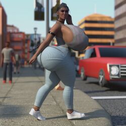 3d bun choker curvy dark_hair female huge_ass huge_breasts hyper_breasts jeans looking_at_viewer original_character sneakers solo street tank_top urban