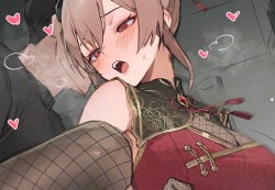 1girl alternate_hair_length_(shorter) blue_sky breasts brown_hair bun_cover china_dress chinese_clothes clothed_sex commentary_request double_bun dress fishnets furen_e_lustario furen_e_lustario_(7th_costume) gloves hair_bun heart hetero lace lace_gloves large_breasts nijisanji official_alternate_costume open_mouth paid_reward_available red_dress see-through_cleavage see-through_clothes short_hair sidelocks sky small_sweatdrop sooon strapless strapless_dress virtual_youtuber