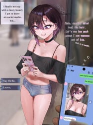 artist_name balls balls_peek bangs bangs_between_eyes black_choker black_shirt booty_shorts bulge bulge_through_clothing bulge_under_clothes camisole catfish choice choker collarbone comic comic_page covered_testicles crossdressing crossdressing_(mtf) crossdressing_male dating dating_app denim denim_bottomwear denim_clothing denim_shorts dialogue dialogue_box dialogue_options english english_commentary english_dialogue english_text eyebrows_behind_hair eyebrows_visible_through_hair eyeshadow faceless faceless_male feet_out_of_frame femboy femboy_focus femboy_with_breasts gameplay_mechanics girly girly_boy gradient_hair grin grinning high_resolution highlighted_hair highres holding holding_object holding_phone hotpants ikemeru19 knees_together looking_at_object looking_at_phone male male/male male_focus male_only male_with_breasts medium_hair micro_shorts midriff mixed-language_commentary multicolored_hair multiple_boys navel original otoko_no_ko otokonoko paid_reward_available pale-skinned_femboy pale-skinned_male pale_skin penis_bulge penis_shaped_bulge phone phone_screen pov pov_male purple_eyes purple_hair short_shorts shorts skindentation skinny skinny_male small_breasts smartphone smug smug_face smug_grin solo_focus standing streaked_hair teeth teeth_showing testicle_peek testicles text texting trap two-tone_hair unseen_character unseen_male