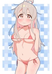arms_behind_back blush closed_mouth large_breasts micro_bikini nervous onii-chan_wa_oshimai! oyama_mahiro pink_bikini sweatdrop thick_thighs wavy_mouth wide_hips