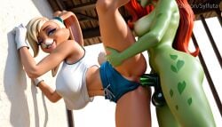 2girls against_wall ai_generated animal_ears blonde_hair blue_eyes blue_shorts breasts clothed_female_nude_female clothing_aside colored_skin crop_top dildo eyeshadow furry furry_female futa_with_female futanari gloves green_skin grin interspecies large_breasts leg_lift leg_up lipstick long_hair makeup multiple_girls navel nipples nude one_eye_closed penis pussy rabbit_ears rabbit_girl rabbit_tail red_hair sex sex_from_behind sex_toy shorts smile standing standing_on_one_leg standing_sex strap-on sylfuta tail testicles vaginal white_gloves
