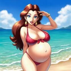 ai_generated beach beach_background bikini bikini_bottom bikini_top blue_eyes blue_eyes_female brown_hair brunette_female brunette_hair brunette_hair_female enormous_belly female female_only gigantic_belly huge_belly human human_only lazybonesai light-skinned_female light_skin long_brown_hair looking_at_viewer mario_(series) massive_belly mature mature_female nintendo pauline pauline_(mario) pregnancy pregnant pregnant_belly pregnant_female super_mario_bros. super_mario_odyssey