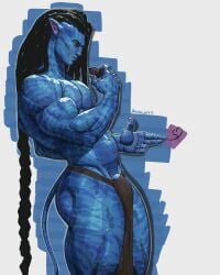5_fingers alien alien_boy avatar avatar:_fire_and_ash avatar:_the_way_of_water bulge_through_clothing gay jake_sully loincloth lube_bottle male_only man_boobs muscles nipples soft_dick tail thighs thighs_bigger_than_head