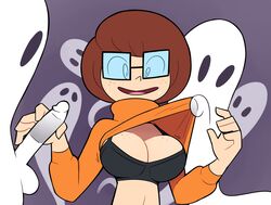 1boy 1girls 2018 ambiguous_gender big_breasts black_eyes bra breasts brown_hair freckles from_behind ghost glasses handjob human large_breasts miscon penis scooby-doo shirt shirt_lift source_request straight sweater testicles velma_dinkley