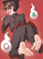 1boy ass barefoot black_hair blush feet foot_focus from_behind full_body g1_(artist) g1_(jjw00123) gakuran hat heavy_breathing hitodama jibaku_shounen_hanako-kun jjw00123 jjw1029 kneeling long_sleeves looking_at_viewer looking_back male male_focus male_only naughty_face open_mouth peaked_cap red_background soles steaming_body toes toilet_bound_hanako_kun tongue tongue_out yugi_amane