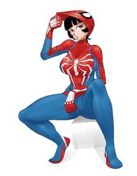 /ctt/ bangs black_hair blue_eyes bodysuit console-tan female female_only large_breasts mario-grant marvel mask mask_removed personification ps4-tan sitting spider-man_(series)