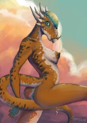anthro anus blue_anus cloud dinogaize dinosaur female green_eyes hi_res horn jurassic_park jurassic_world light lizard loonhart macro marginocephalian nipples orange_body ornithischian pachycephalosaurid prehistoric_species reptile scalie skinny solo stygimoloch sunlight sunset tail universal_studios