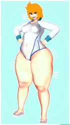 1girl blue_eyes breasts busty cameltoe clothing competition_swimsuit covered_navel female footwear green_eyes hands_on_hips hands_on_own_hips jacket kasumi_(pokemon) koikashura large_breasts looking_at_viewer medium_breasts meme_attire misty_(pokemon) misty_(pokemon_hgss) nail_polish navel nipples one-piece_swimsuit open_mouth orange_hair plump pokemon sandals see-through see-through_swimsuit short_hair smile solo sportswear standing swimsuit tank_suit thick_thighs thighs toenail_polish white_one-piece_swimsuit white_swimsuit wide_hips