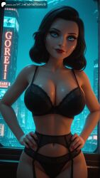 ai_generated aiuniverse56 big_breasts bioshock bioshock_infinite black_hair blue_eyes cleavage elizabeth_comstock eyeshadow garter_straps hands_on_hips lace lace_bra large_breasts long_hair makeup midriff navel red_lips red_lipstick red_nails stable_diffusion stockings
