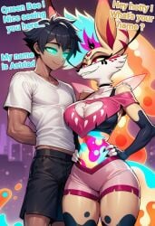 ai_generated astriad_(cocky69) big_boobs big_breasts black_hair blue_eyes boobs breasts cocky69 comic_page crop_top demon_girl english_text female fit fit_body fit_male fox_ears fox_girl helluva_boss hi_res male male/female queen_bee-lzebub_(helluva_boss) sexy sexy_body sexy_female shirt shorts text