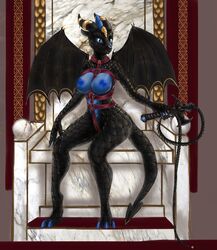 anthro big_breasts black_skin blue_eyes breasts chair domina dominatrix dragon fan_character female harness horn looking_at_viewer mdwines nude queen royalty scale scalie scalie_only simple_background solo throne whip wings