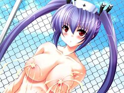 blush breasts cc_hospital chainlink_fence expressionless fence game_cg lactation long_hair mayuzumi_alisa nipples outdoors purple_hair red_eyes sky tied_hair topless twintails yama_bikko