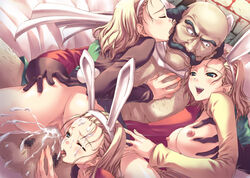 1boy 3girls ass ass_grab bald beard bed breast_grab breasts bunny_ear bunny_girl bunny_girl_(dq8) censored closed_eyes clothing cum cum_in_pussy cum_inside dragon_quest dragon_quest_viii erect_nipples erect_nipples_under_clothes facial facial_hair fellatio female group_sex male medium_breasts morie's_monstrous_pit morrie_mozzarella mosaic_censoring multiple_subs nipples penis pussy sex straight tomose_shunsaku tongue vaginal_penetration vaginal_sex