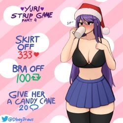 big_breasts black_bra blue_skirt bra breasts christmas christmas_hat cleavage comment_icon dbagdraws doki_doki_literature_club drinking english_text female fluffyearedfox hat healed_scars heart_icon long_hair mug number numbers purple_eyes purple_hair retweet_icon santa_hat scars self_harm_scars skirt strip_game text thigh_highs thighhighs thighs twitter_username yuri_(doki_doki_literature_club)