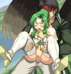 1boy 1girls black_hair blush bottomless censored closed_eyes clothed_sex clothing couple elincia_ridell_crimea female fingerless_gloves fire_emblem fire_emblem:_path_of_radiance fire_emblem:_radiant_dawn flying_sex from_behind gloves green_hair hair_bun hair_up headband high_heels laguz_(race) long_hair male no_panties open_mouth pegasus_knight penetration penis princess pussy saliva sex shunzou spread_legs sweat tears thighhighs tibarn_(fire_emblem) vaginal_penetration wings yellow_eyes